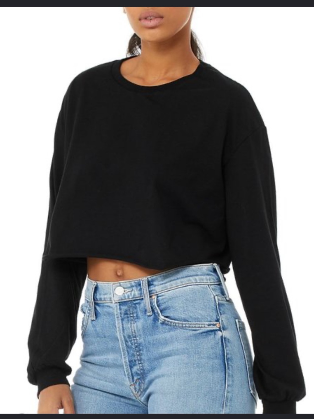 Boxy Cropped Long-Sleeve Sweatshirt — Black
